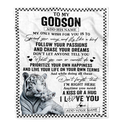 Personalized To My Godson Gifts Blanket From Godmother Uncle White Tiger My Only Wish For You Godson Birthday Gifts Graduation Christmas Fleece Throw Blanket | siriusteestore