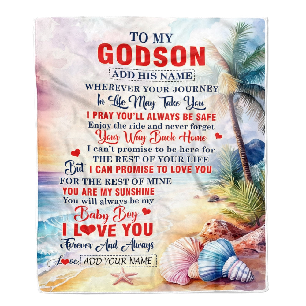 Personalized To My Godson Gifts Blanket From Godmother Wherever Your Journey In Life Beach Godson Birthday Gifts Graduation Customized Fleece Throw Blanket | siriusteestore