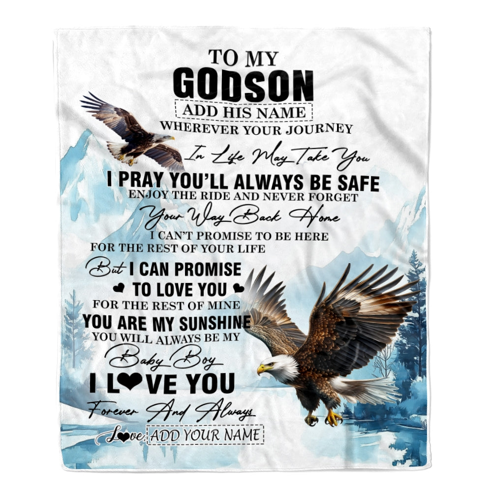 Personalized To My Godson Gifts Blanket From Godmother Wherever Your Journey In Life Eagle Godson Birthday Gifts Graduation Customized Fleece Throw Blanket | siriusteestore