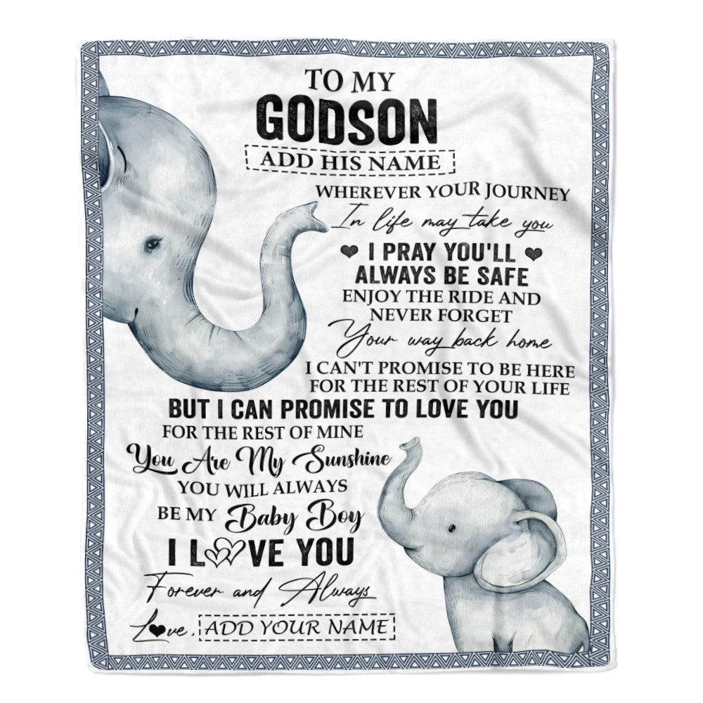 Personalized To My Godson Gifts Blanket From Godmother Wherever Your Journey In Life Elephant Godson Birthday Gifts Graduation Customized Fleece Throw Blanket | siriusteestore