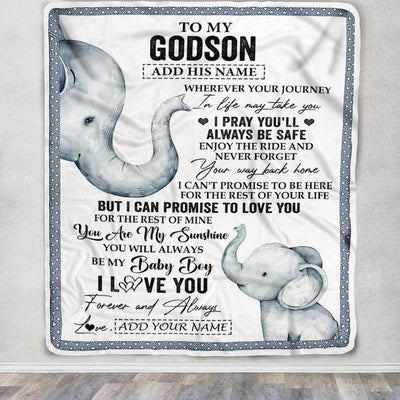 Personalized To My Godson Gifts Blanket From Godmother Wherever Your Journey In Life Elephant Godson Birthday Gifts Graduation Customized Fleece Throw Blanket | siriusteestore