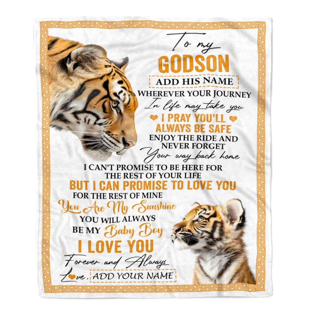 Personalized To My Godson Gifts Blanket From Godmother Wherever Your Journey In Life Tiger Godson Birthday Gifts Graduation Customized Fleece Throw Blanket | siriusteestore