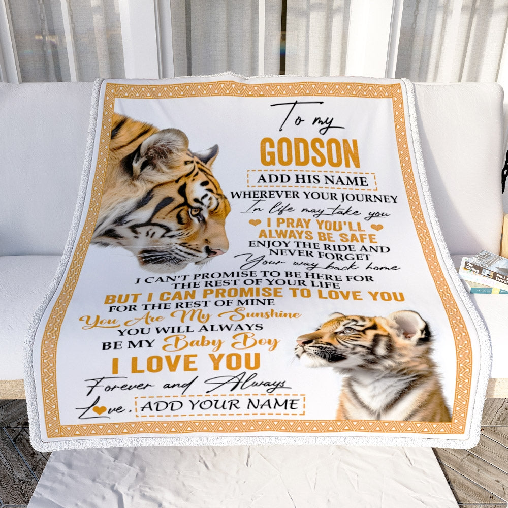 Personalized To My Godson Gifts Blanket From Godmother Wherever Your Journey In Life Tiger Godson Birthday Gifts Graduation Customized Fleece Throw Blanket | siriusteestore