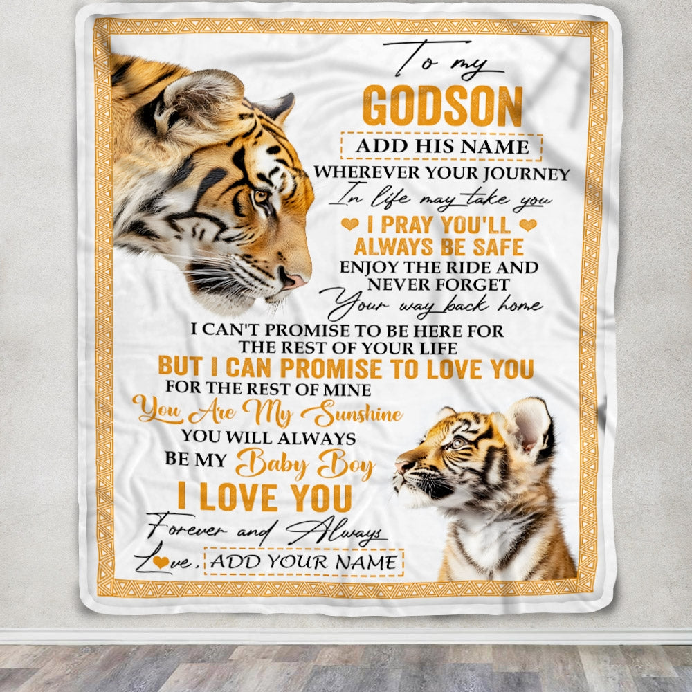 Personalized To My Godson Gifts Blanket From Godmother Wherever Your Journey In Life Tiger Godson Birthday Gifts Graduation Customized Fleece Throw Blanket | siriusteestore