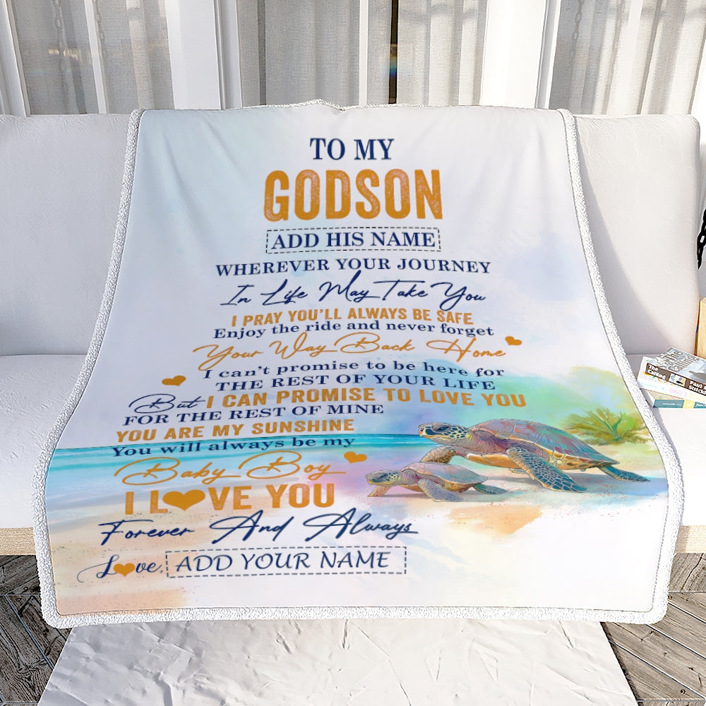 Personalized To My Godson Gifts Blanket From Godmother Wherever Your Journey In Life Turtle Godson Birthday Gifts Graduation Customized Fleece Throw Blanket | siriusteestore