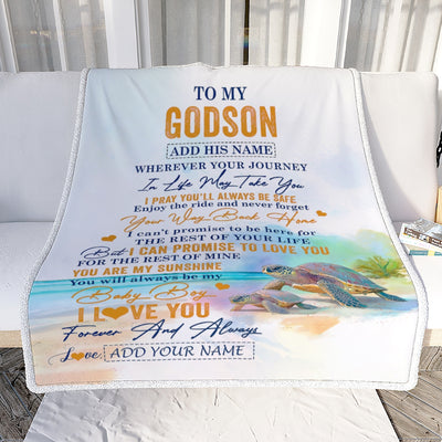 Personalized To My Godson Gifts Blanket From Godmother Wherever Your Journey In Life Turtle Godson Birthday Gifts Graduation Customized Fleece Throw Blanket | siriusteestore