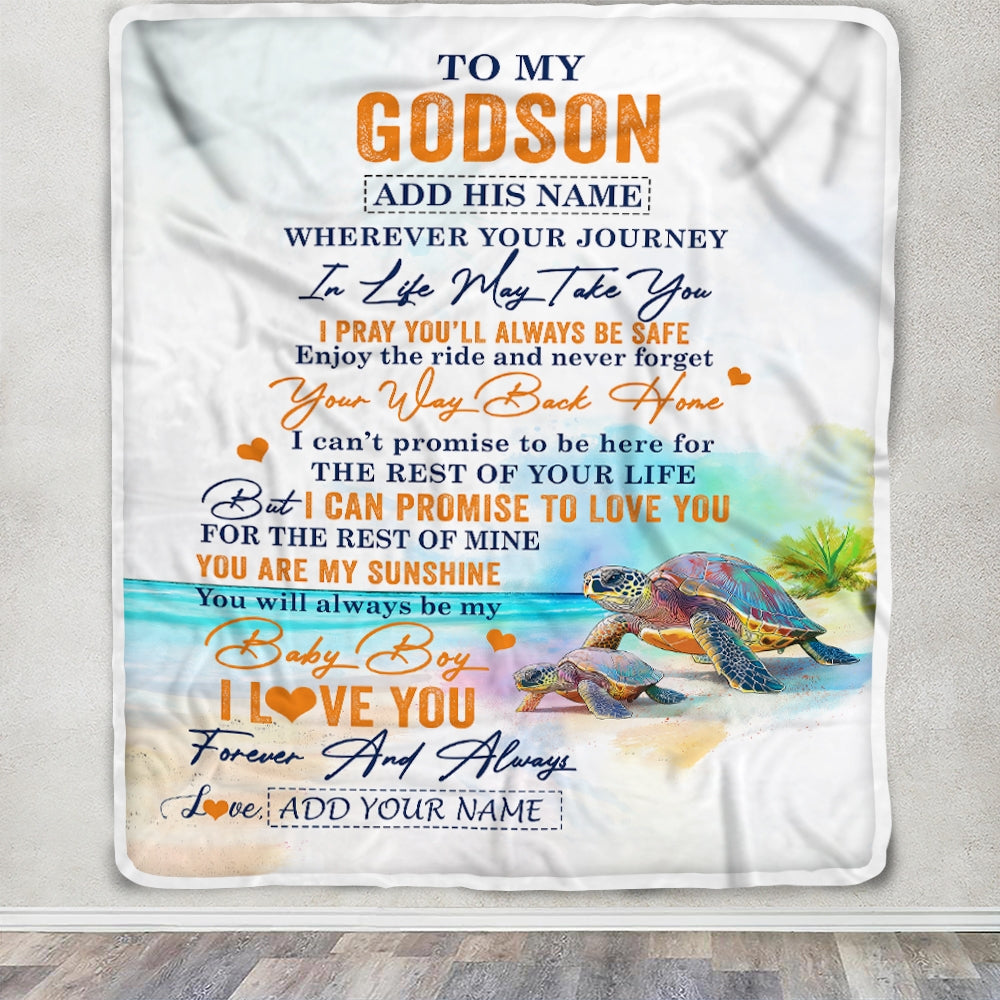 Personalized To My Godson Gifts Blanket From Godmother Wherever Your Journey In Life Turtle Godson Birthday Gifts Graduation Customized Fleece Throw Blanket | siriusteestore