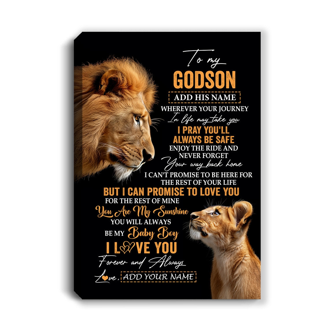 Personalized To My Godson Gifts Canvas From Godfather Wherever Your Journey In Life Lion Goddaughter Birthday Gifts Christmas Custom Wall Art Framed Canvas | siriusteestore