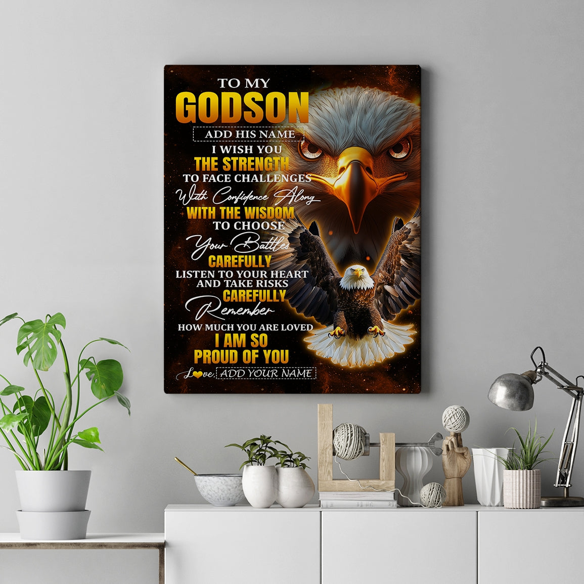 Personalized To My Godson Gifts Canvas From Godmother Godfather I Wish You The Strength Eagle Godson Birthday Gifts Christmas Graduation Custom Wall Art Framed Canvas | siriusteestore