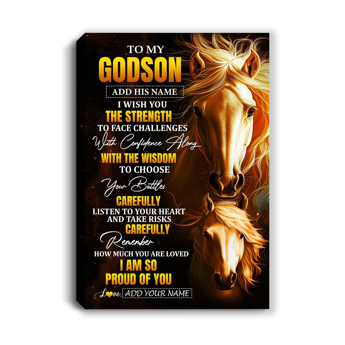 Personalized To My Godson Gifts Canvas From Godmother Godfather I Wish You The Strength Horse Godson Birthday Gifts Christmas Graduation Custom Wall Art Framed Canvas | siriusteestore