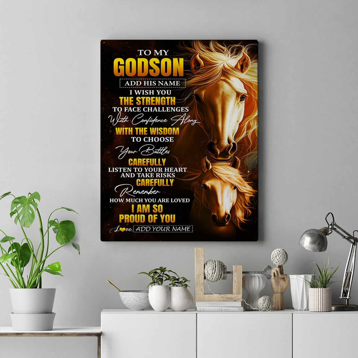 Personalized To My Godson Gifts Canvas From Godmother Godfather I Wish You The Strength Horse Godson Birthday Gifts Christmas Graduation Custom Wall Art Framed Canvas | siriusteestore
