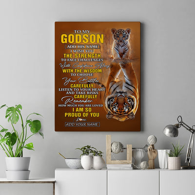 Personalized To My Godson Gifts Canvas From Godmother Godfather I Wish You The Strength Tiger Godson Birthday Gifts Christmas Graduation Custom Wall Art Framed Canvas | siriusteestore