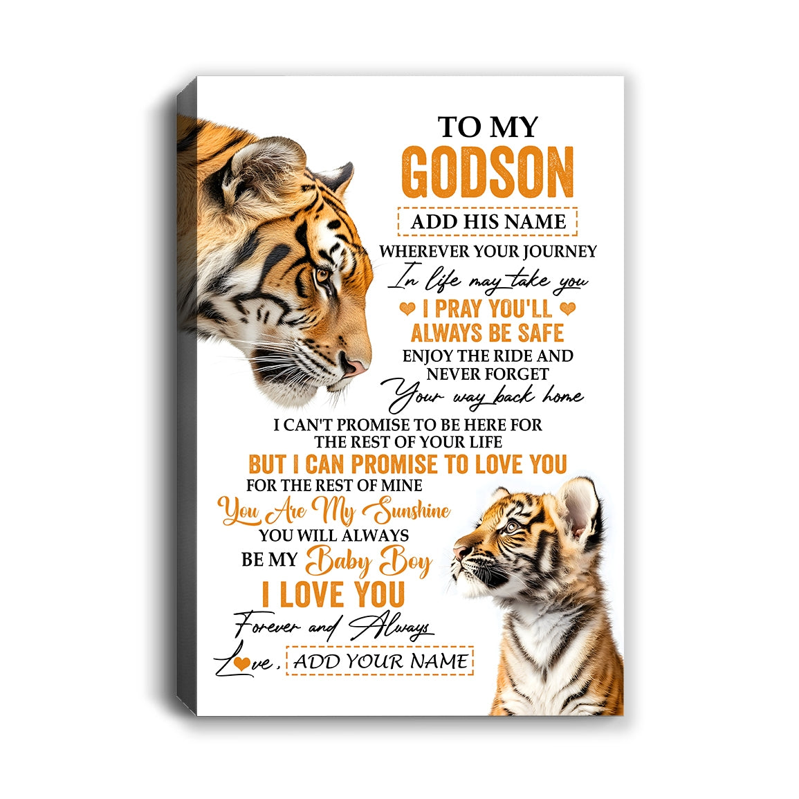 Personalized To My Godson Gifts Canvas From Godmother Godfather Wherever Your Journey In Life Tiger Godson Birthday Gifts Graduation Custom Wall Art Framed Canvas | siriusteestore