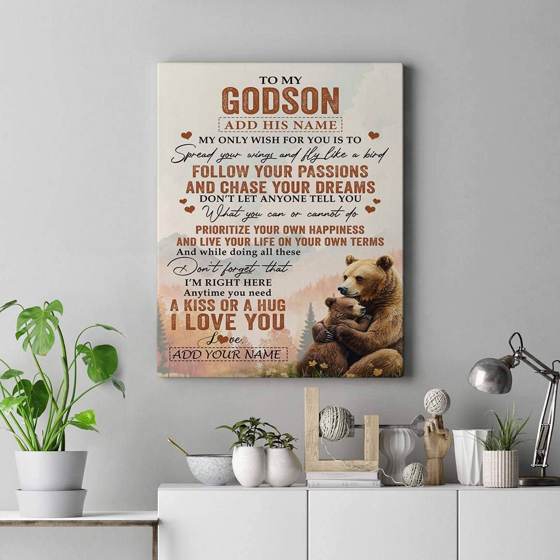 Personalized To My Godson Gifts Canvas From Godmother Uncle Bear My Only Wish For You Godson Birthday Gifts Graduation Christmas Custom Wall Art Print Framed Canvas | siriusteestore