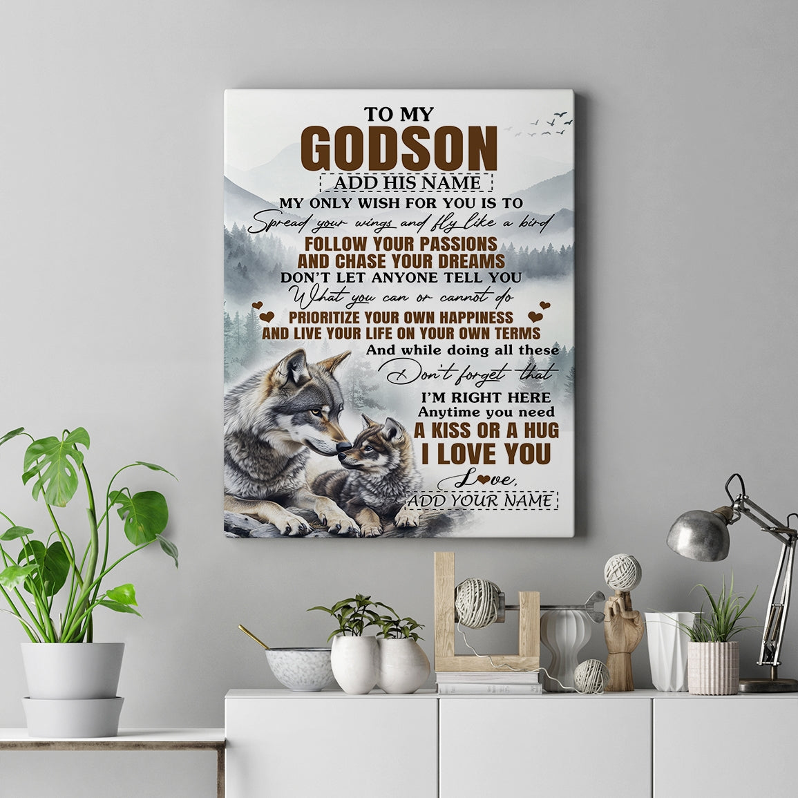 Personalized To My Godson Gifts Canvas From Godmother Uncle Wolf My Only Wish For You Godson Birthday Gifts Graduation Christmas Customized Wall Art Framed Canvas | siriusteestore