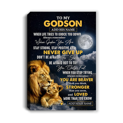 Personalized To My Godson Gifts Canvas From Uncle Aunt Lion Never Give Up Godson Birthday Gifts Graduation Christmas Custom Wall Art Print Framed Canvas | siriusteestore