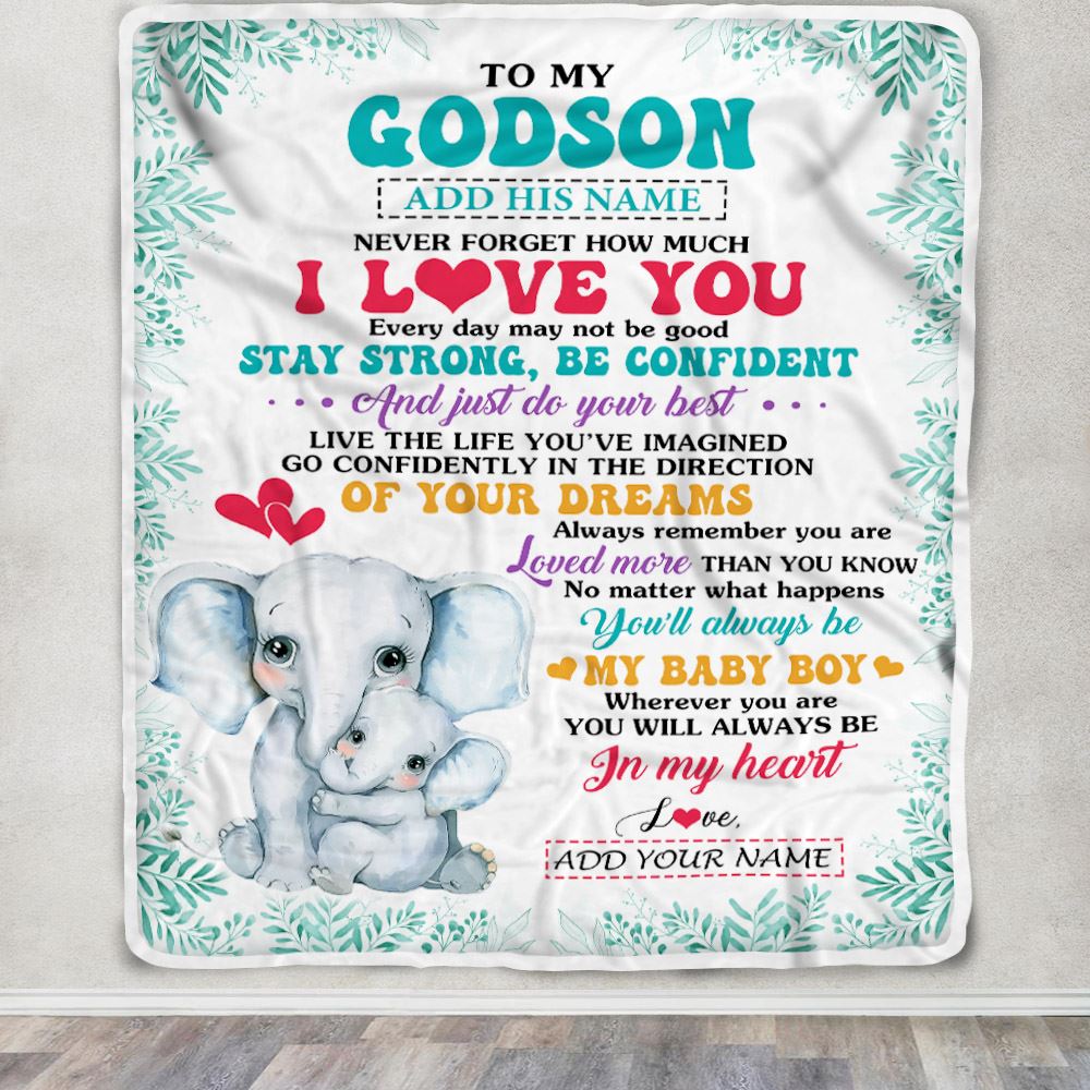 Personalized To My Godson Gifts From Aunt Blanket Elephant Never Forget How Much I Love You Godson Birthday Gifts Graduation Christmas Fleece Blanket | siriusteestore