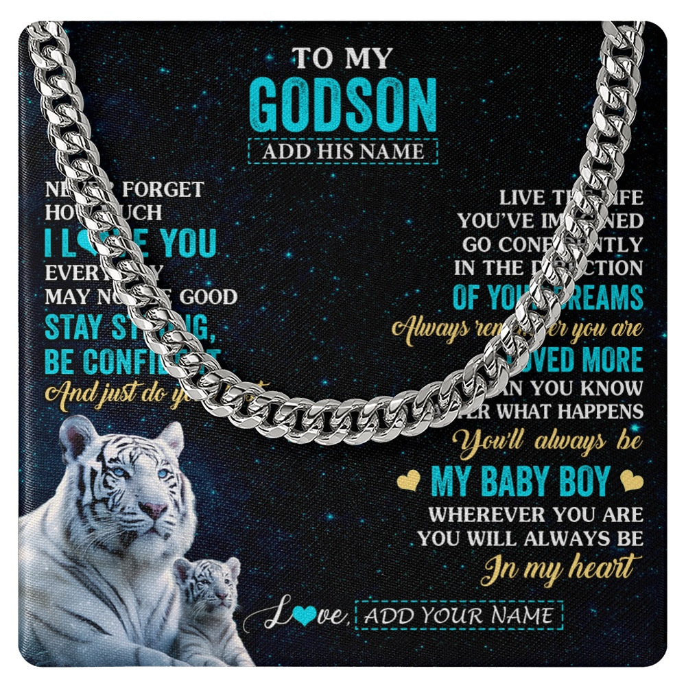 Cuban Link Chain Necklace Stainless Steel | 1 | Personalized To My Godson Gifts From Aunt Necklace White Tiger Never Forget How Much I Love You Godson Birthday Graduation Christmas Gift Box Message Card | siriusteestore.myshopify