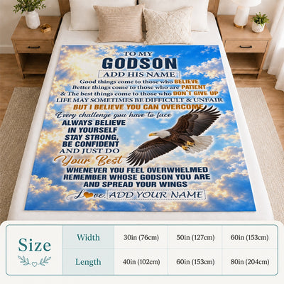 Personalized To My Godson Gifts From Godfather Blanket Believe In Yourself Eagle Gifts For Godson Birthday Present Graduation Christmas Custom Fleece Blanket | siriusteestore