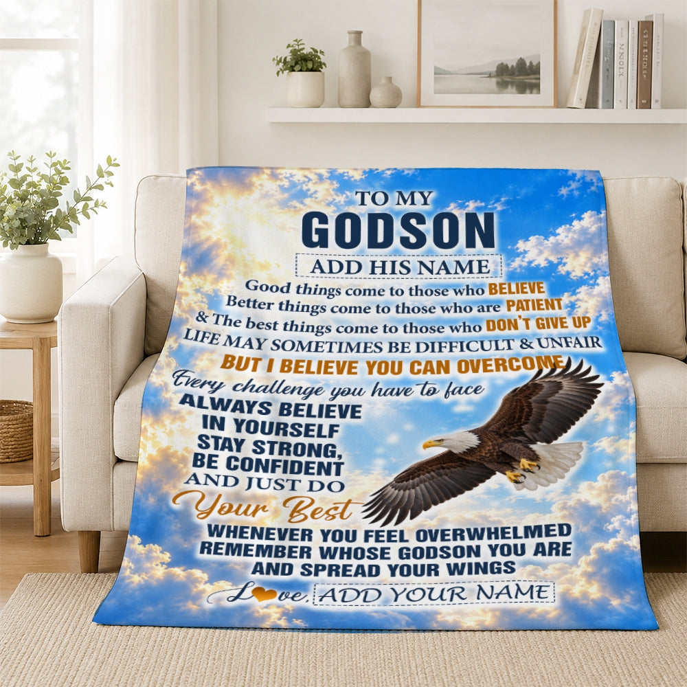 Personalized To My Godson Gifts From Godfather Blanket Believe In Yourself Eagle Gifts For Godson Birthday Present Graduation Christmas Custom Fleece Blanket | siriusteestore