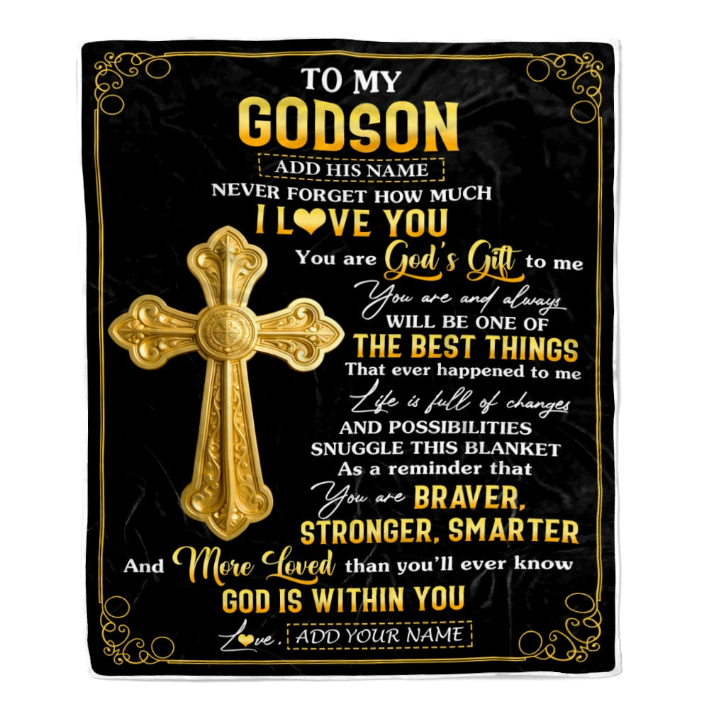 Personalized To My Godson Gifts From Godfather Blanket Christian God Is With You Gifts For Godson Birthday Present Graduation Christmas Custom Fleece Blanket | siriusteestore