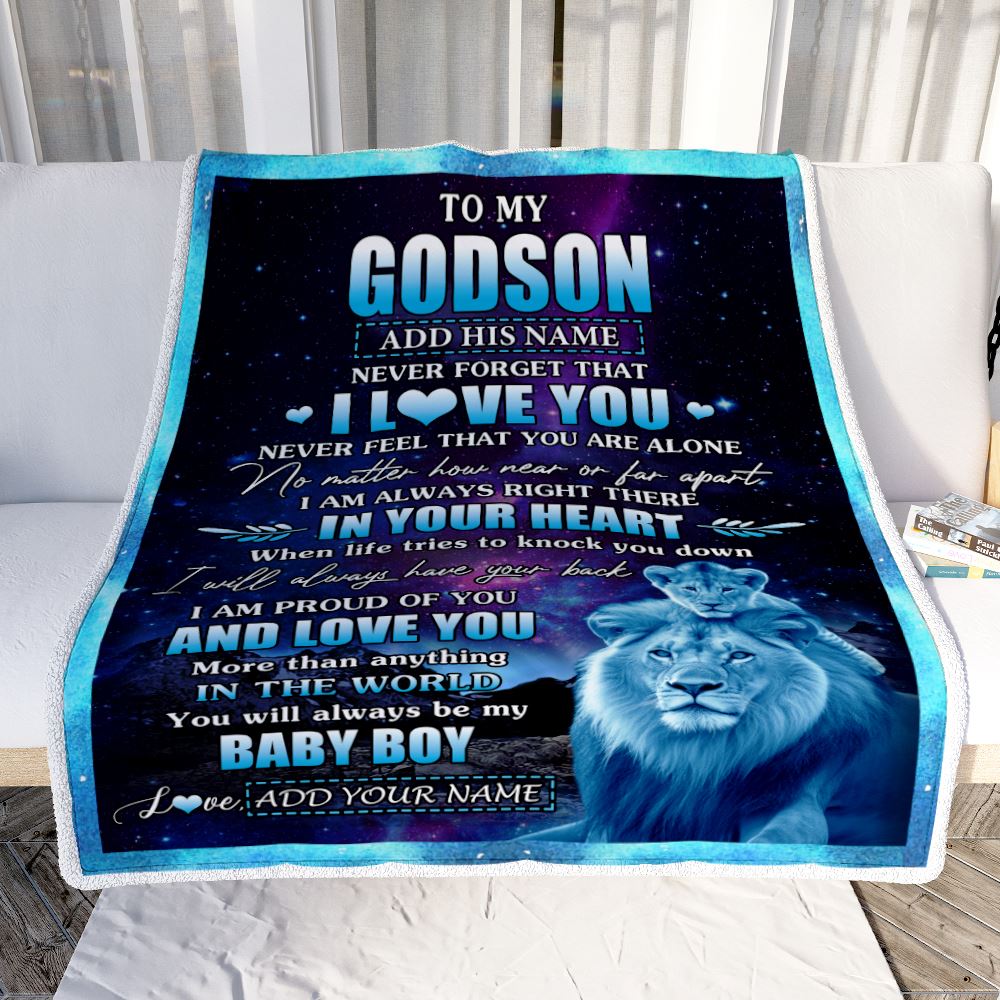 Personalized To My Godson Gifts From Godfather Uncle Blanket I Love You Lion Birthday Gift Ideas For Godson Graduation Christmas Customized Fleece Blanket | siriusteestore