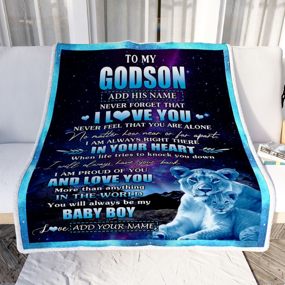 Personalized To My Godson Gifts From Godmother Aunt Blanket I Love You Lion Birthday Gift Ideas For Godson Graduation Christmas Customized Fleece Blanket | siriusteestore