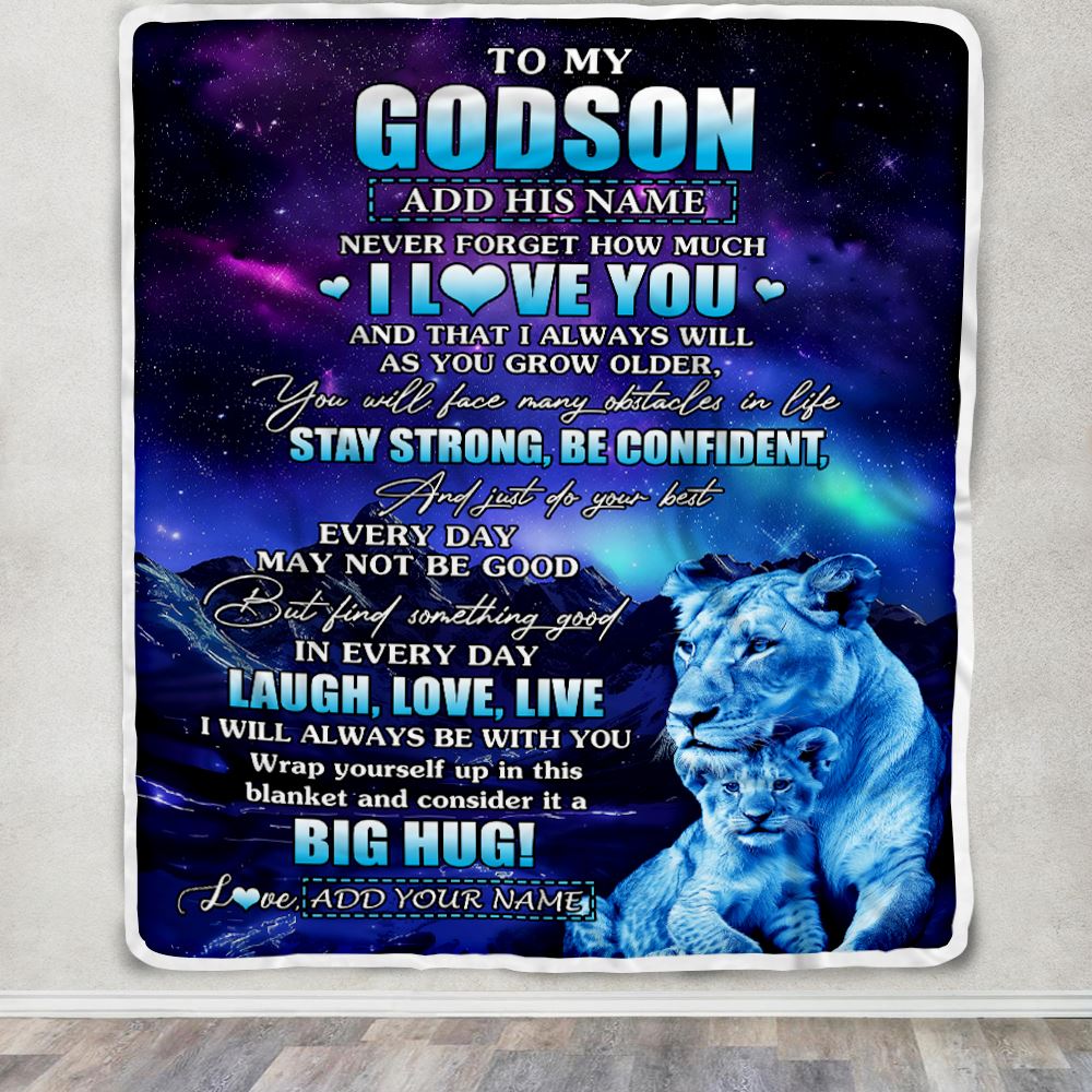 Personalized To My Godson Gifts From Godmother Aunt Blanket Laught Love Live Lion Great Godson Birthday Gifts Graduation Christmas Customized Fleece Blanket | siriusteestore