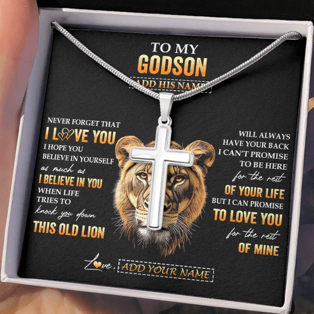Stainless Cross Necklace Stainless Steel | 2 | Personalized To My Godson Gifts From Godmother Aunt Necklace Old Lion Love You Godson Birthday Gifts Graduation Christmas Customized Gift Box Message Card | siriusteestore.myshopify