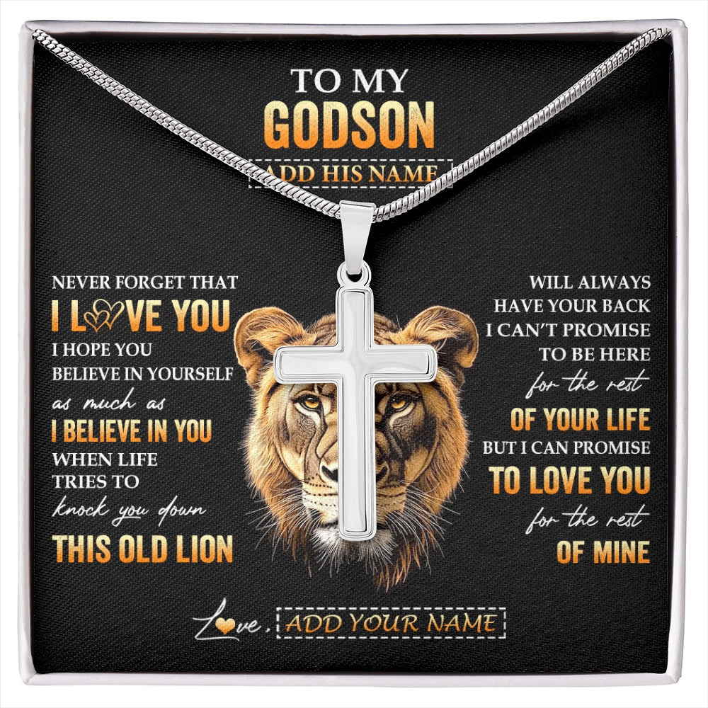 Stainless Cross Necklace Stainless Steel | 1 | Personalized To My Godson Gifts From Godmother Aunt Necklace Old Lion Love You Godson Birthday Gifts Graduation Christmas Customized Gift Box Message Card | siriusteestore.myshopify
