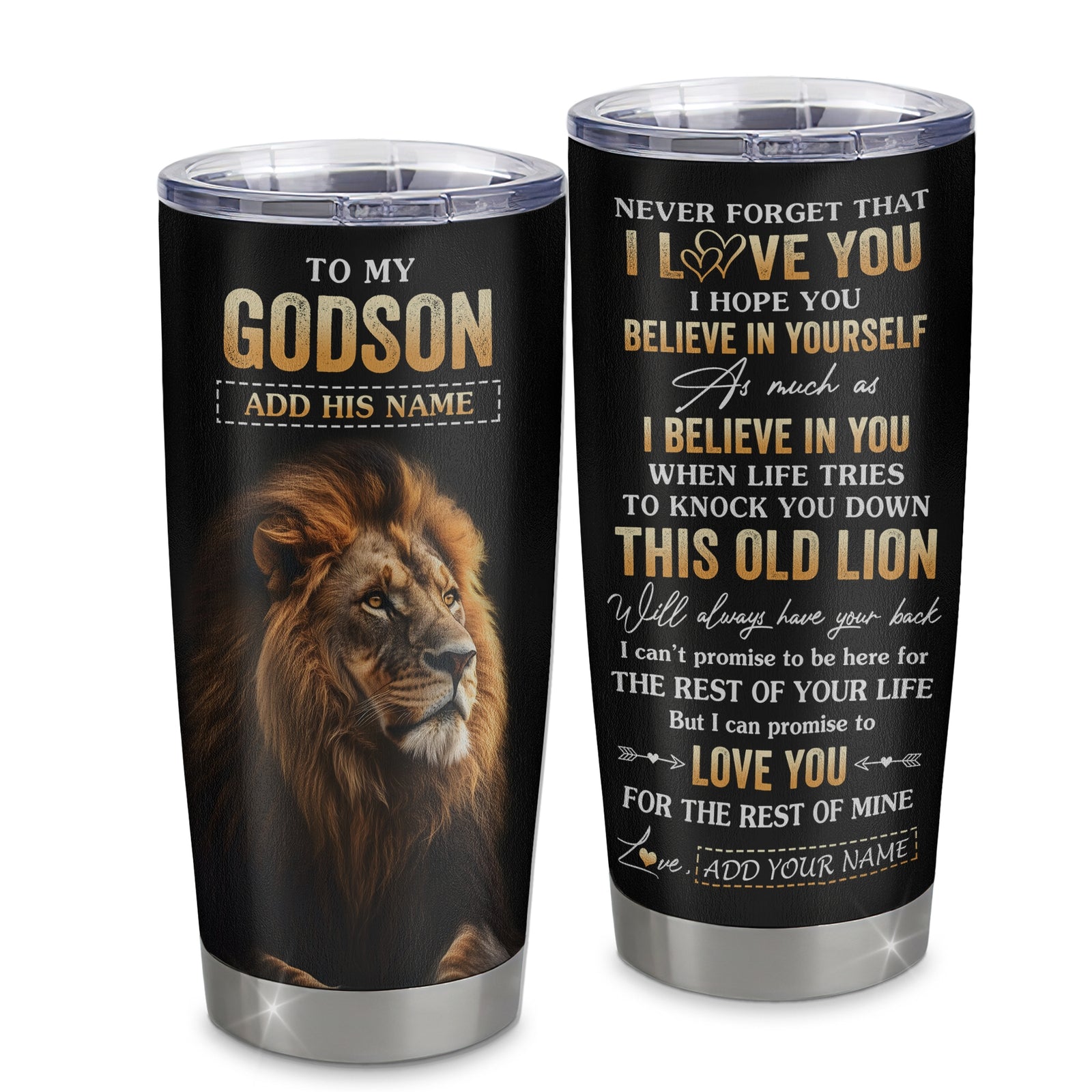 Personalized To My Godson Gifts From Godmother Aunt Uncle Tumbler Old Lion Love You Godson Birthday Gifts Graduation Christmas Custom Stainless Steel Cup Travel Mug | siriusteestore