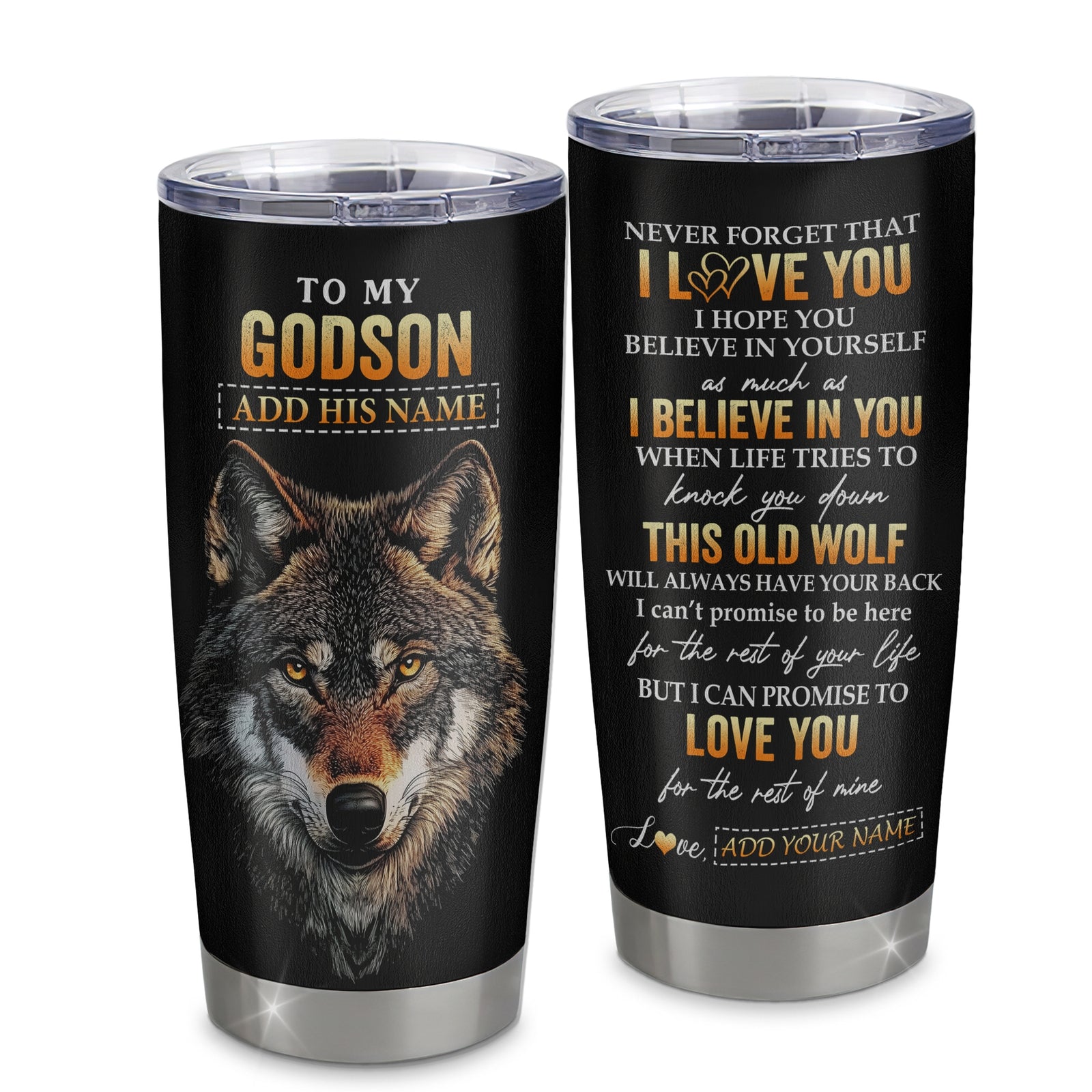 Personalized To My Godson Gifts From Godmother Aunt Uncle Tumbler Old Wolf Love You Godson Birthday Gifts Graduation Christmas Custom Stainless Steel Cup Travel Mug | siriusteestore