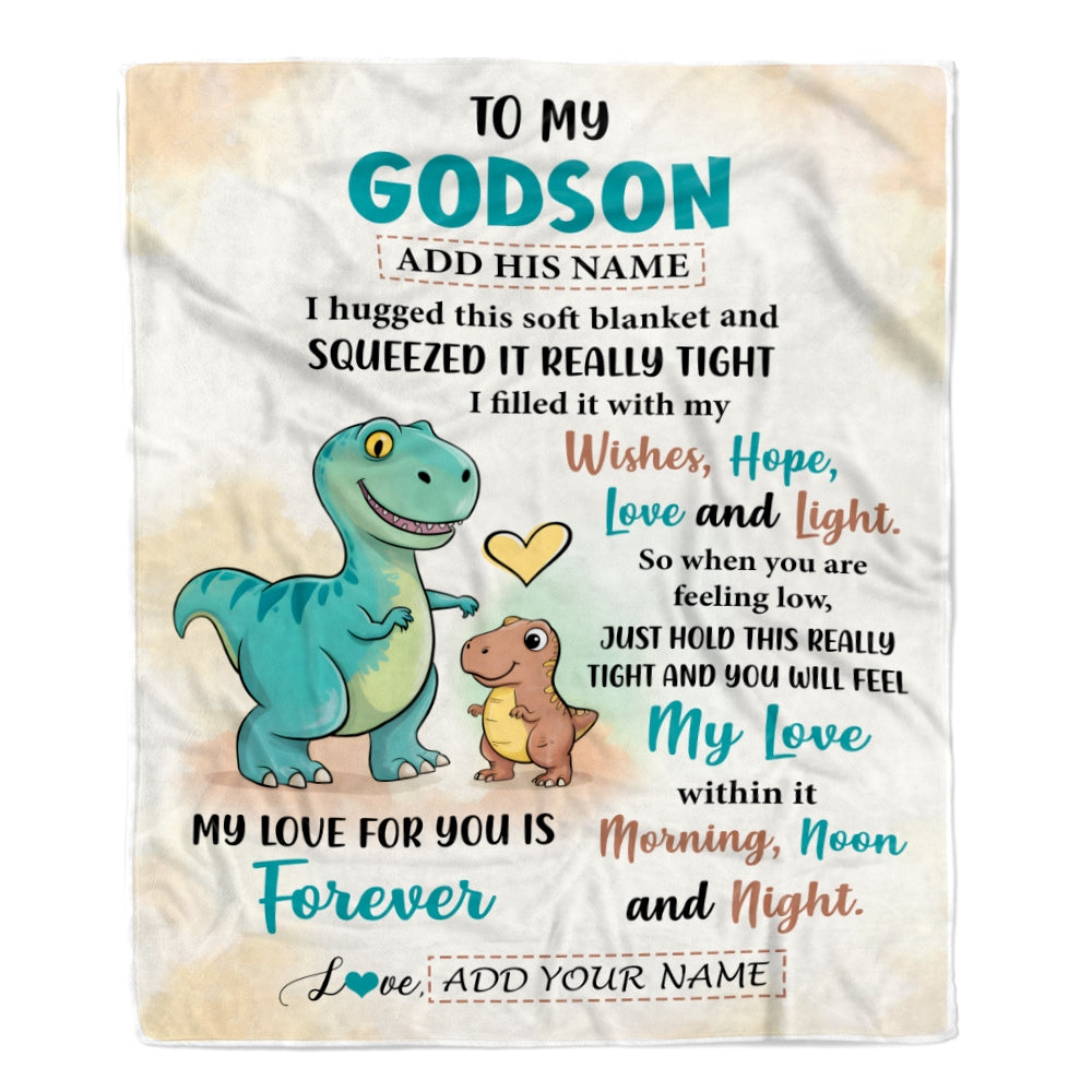 Personalized To My Godson Gifts From Godmother Blanket Dinosaur Letter I Hugged This Gifts For Godson Birthday Graduation Christmas Custom Fleece Blanket | siriusteestore
