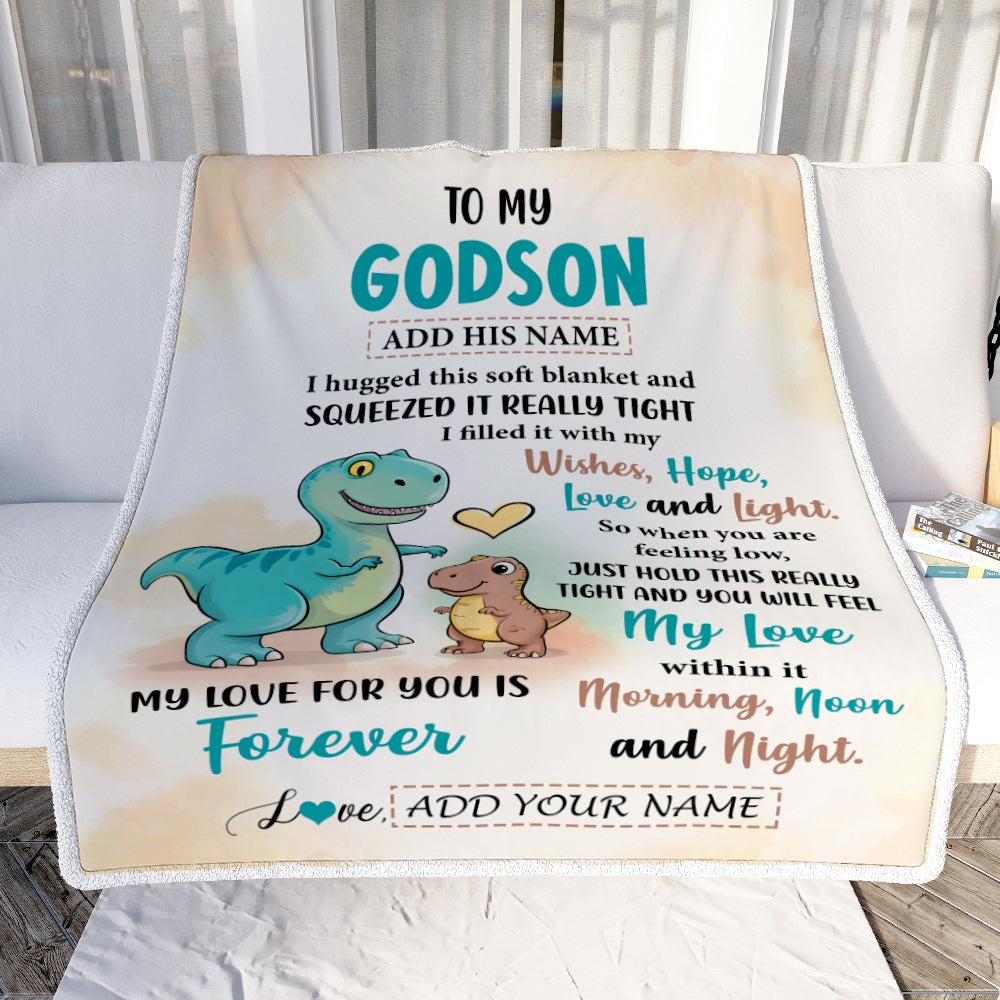 Personalized To My Godson Gifts From Godmother Blanket Dinosaur Letter I Hugged This Gifts For Godson Birthday Graduation Christmas Custom Fleece Blanket | siriusteestore