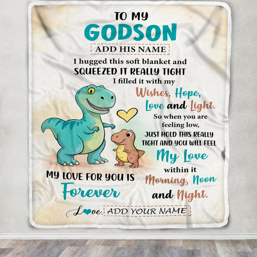 Personalized To My Godson Gifts From Godmother Blanket Dinosaur Letter I Hugged This Gifts For Godson Birthday Graduation Christmas Custom Fleece Blanket | siriusteestore