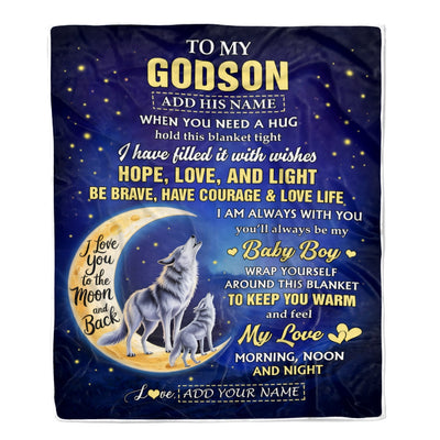 Personalized To My Godson Gifts From Godmother Godfather Blanket I Love You Moon And Back Wolf Godson Birthday Gifts Christmas Graduation Fleece Blanket | siriusteestore