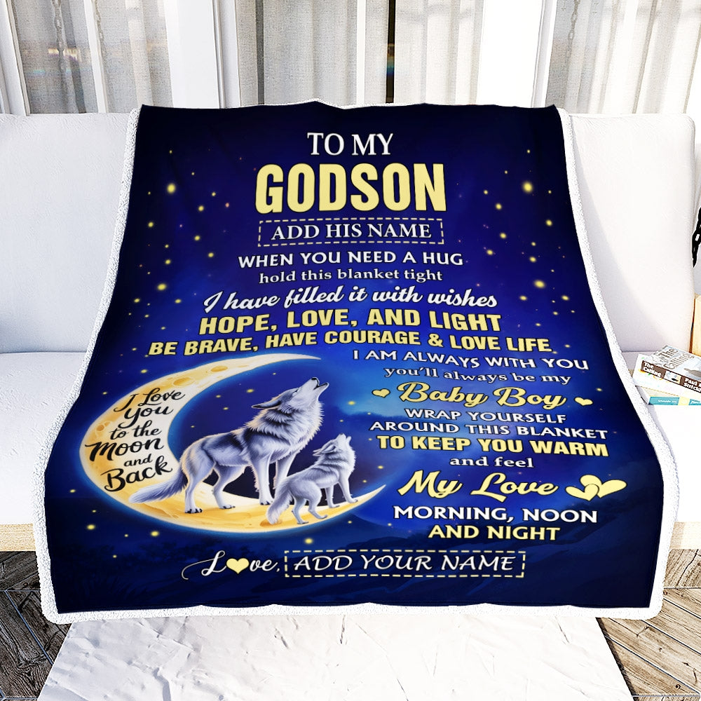 Personalized To My Godson Gifts From Godmother Godfather Blanket I Love You Moon And Back Wolf Godson Birthday Gifts Christmas Graduation Fleece Blanket | siriusteestore