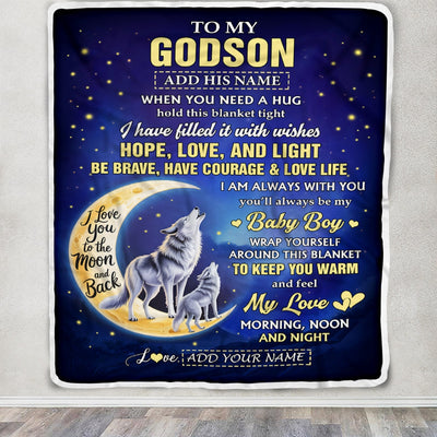 Personalized To My Godson Gifts From Godmother Godfather Blanket I Love You Moon And Back Wolf Godson Birthday Gifts Christmas Graduation Fleece Blanket | siriusteestore