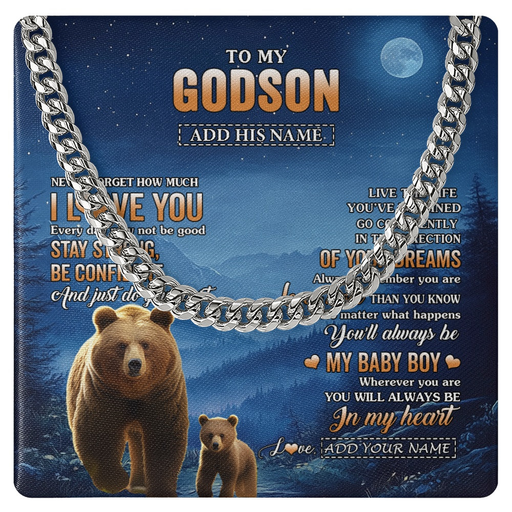 Cuban Link Chain Necklace Stainless Steel | 1 | Personalized To My Godson Gifts From Godmother Godfather Necklace Bear Never Forget How Much I Love You Godson Birthday Christmas Custom Gift Box Message Card | siriusteestore.myshopify
