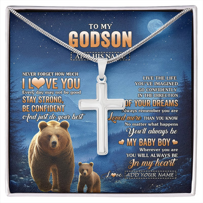 Stainless Cross Necklace Stainless Steel | 1 | Personalized To My Godson Gifts From Godmother Godfather Necklace Bear Never Forget How Much I Love You Godson Birthday Christmas Custom Gift Box Message Card | siriusteestore.myshopify