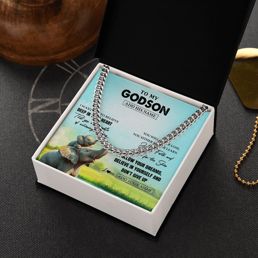 Cuban Link Chain Necklace Stainless Steel | 2 | Personalized To My Godson Gifts From Godmother Necklace Don't Give Up Elephant Gifts For Godson Birthday Graduation Christmas Custom Gift Box Message Card | https://siriusteestore.