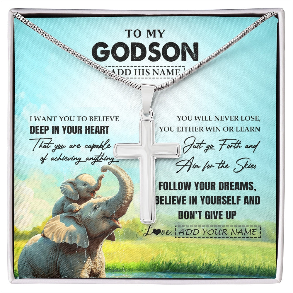 Stainless Cross Necklace Stainless Steel | 1 | Personalized To My Godson Gifts From Godmother Necklace Don't Give Up Elephant Gifts For Godson Birthday Graduation Christmas Custom Gift Box Message Card | https://siriusteestore.