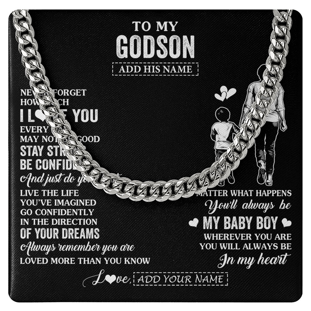 Cuban Link Chain Necklace Stainless Steel | 1 | Personalized To My Godson Gifts From Godmother Necklace Never Forget How Much I Love You Godson Birthday Graduation Christmas Custom Gift Box Message Card | https://siriusteestore.