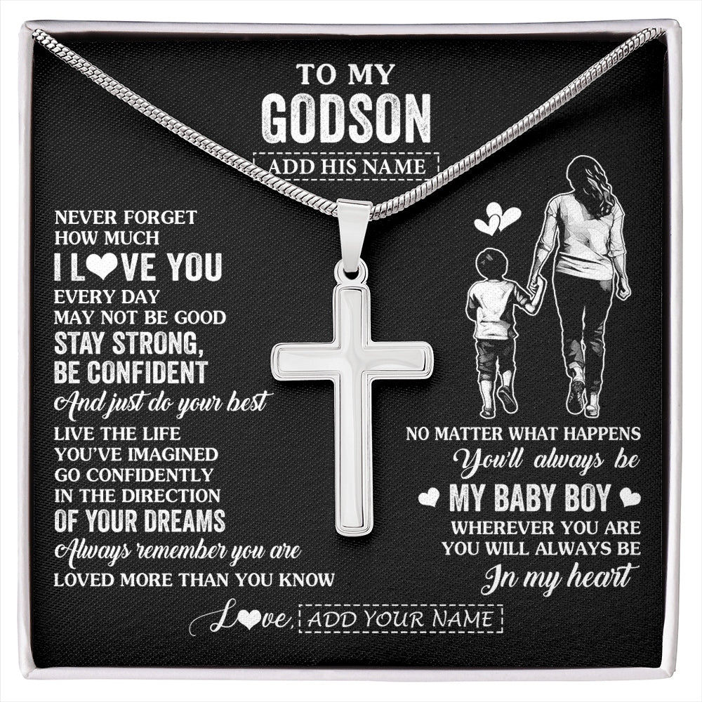 Stainless Cross Necklace Stainless Steel | 1 | Personalized To My Godson Gifts From Godmother Necklace Never Forget How Much I Love You Godson Birthday Graduation Christmas Custom Gift Box Message Card | https://siriusteestore.