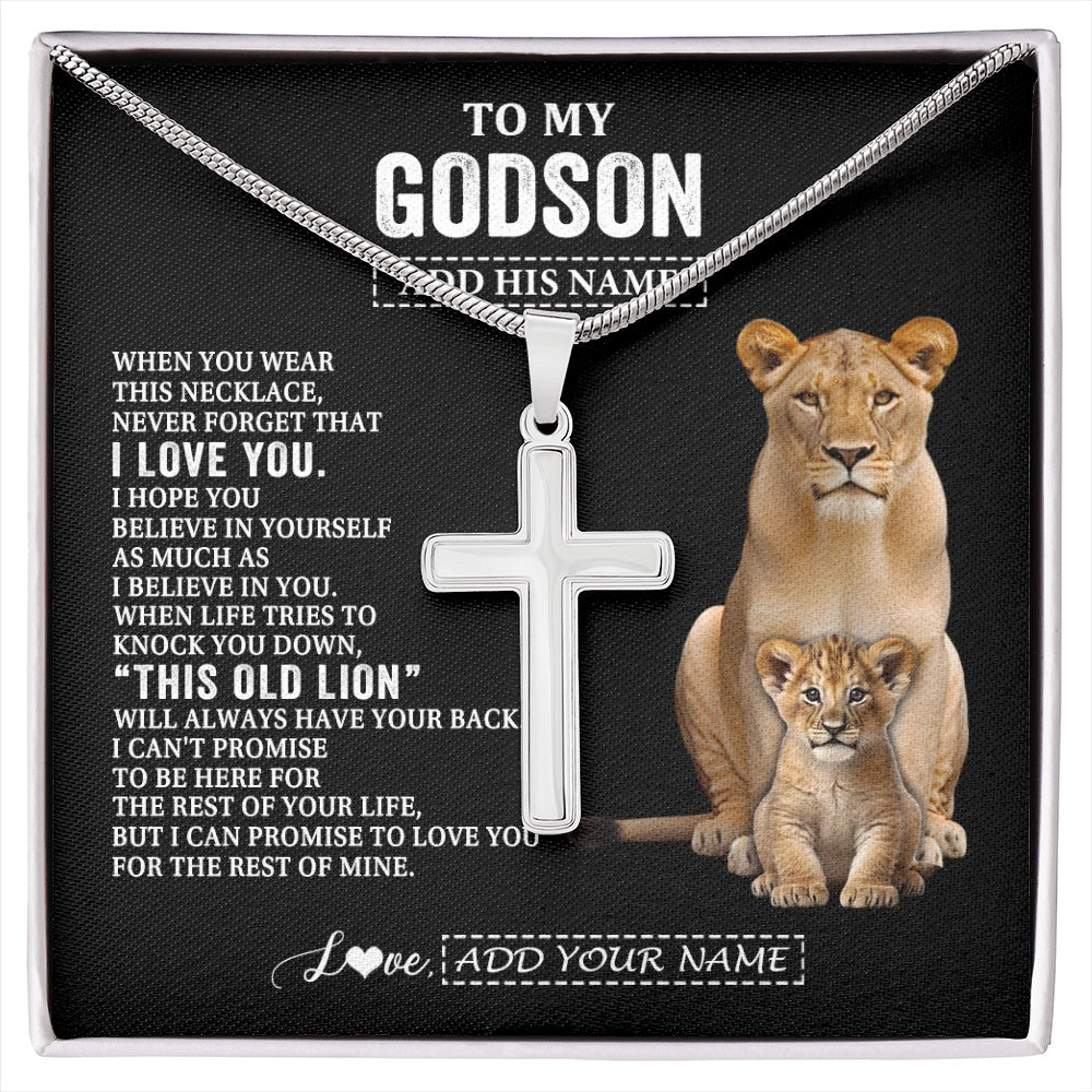 Stainless Cross Necklace Stainless Steel | 1 | Personalized To My Godson Gifts From Godmother Necklace This Old Lion Love You Godson Birthday Gifts Graduation Christmas Customized Gift Box Message Card | https://siriusteestore.