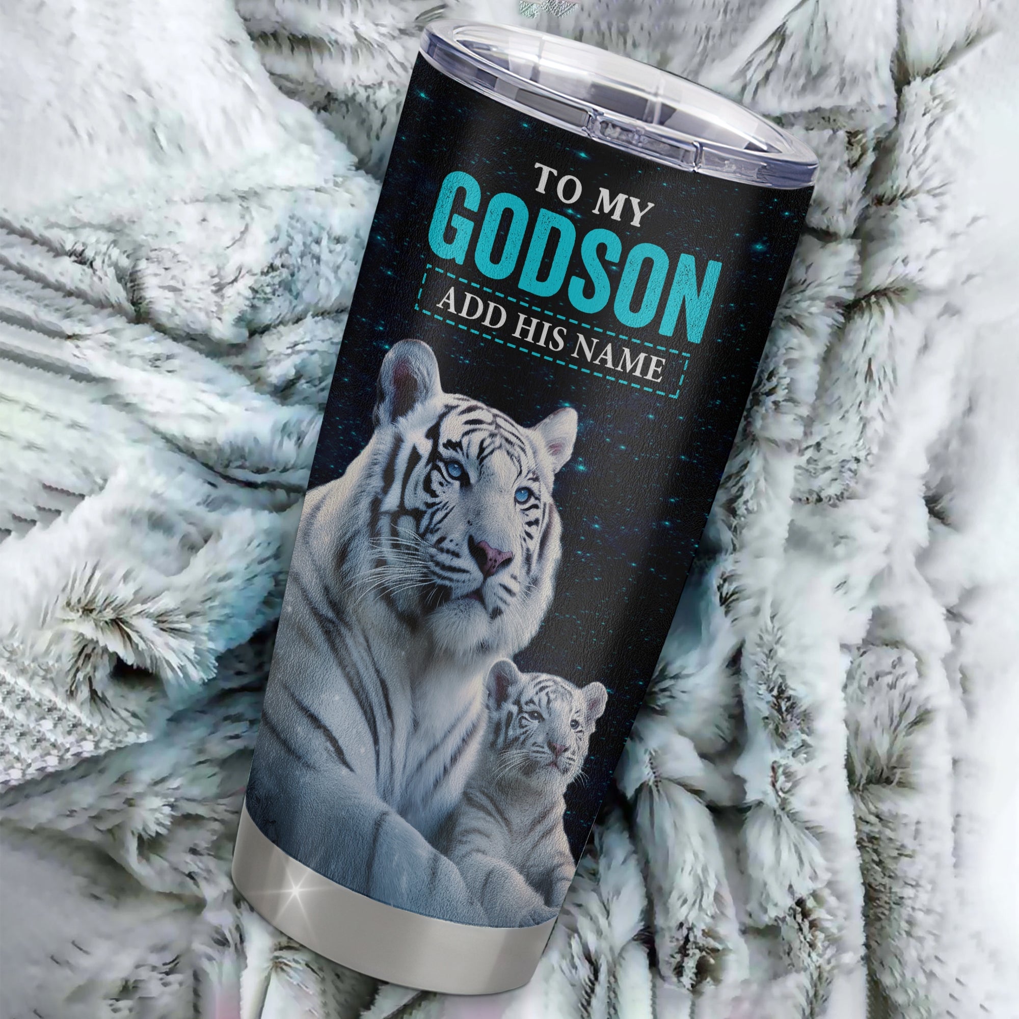 Personalized To My Godson Gifts From Godmother  Tumbler White Tiger Never Forget How Much I Love You Godson Birthday Graduation Christmas Custom Stainless Steel Mug | siriusteestore