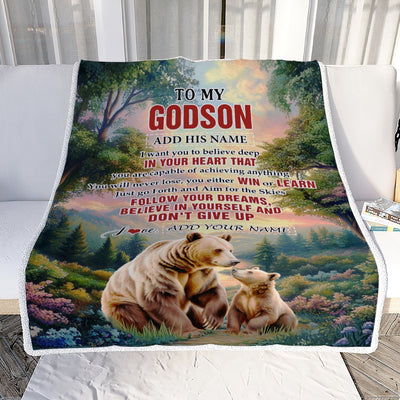 Personalized To My Godson Gifts From Godmother Uncle Blanket Don't Give Up Bear Gifts For Godson Birthday Graduation Christmas Customized Fleece Throw Blanket | siriusteestore