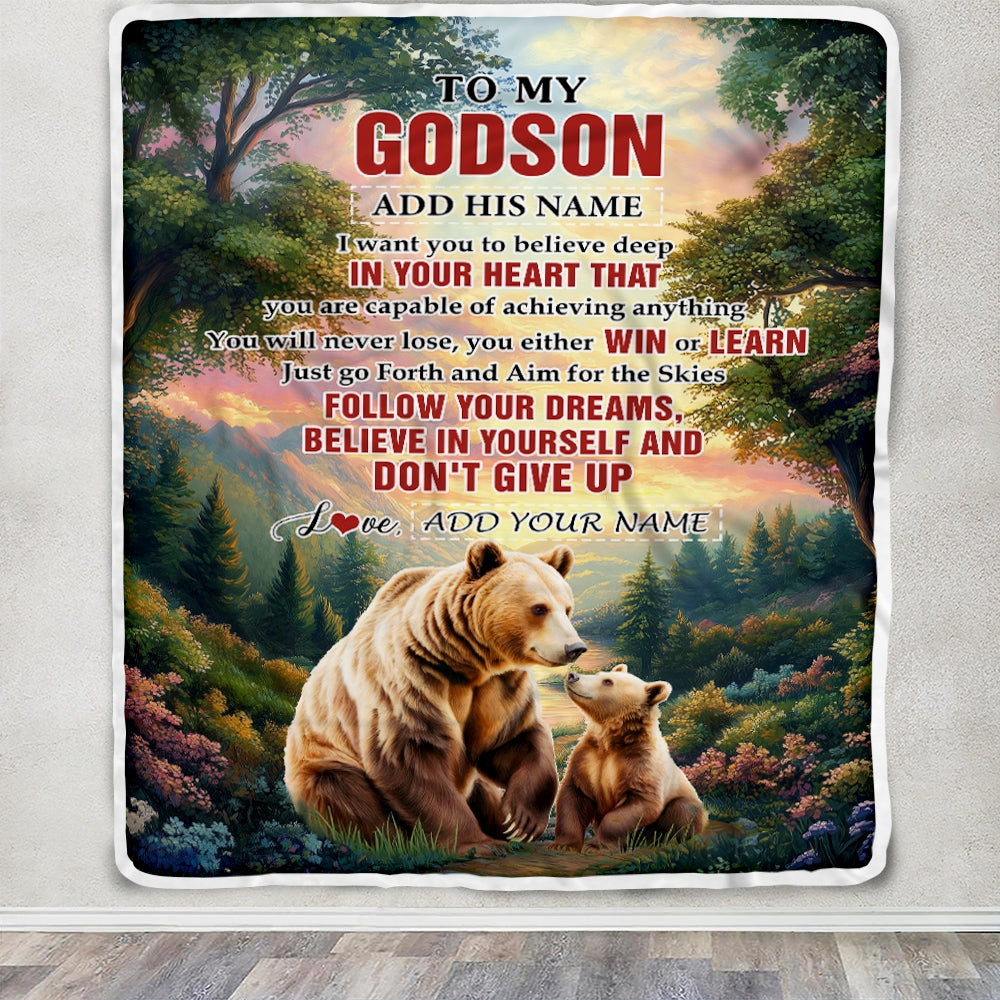 Personalized To My Godson Gifts From Godmother Uncle Blanket Don't Give Up Bear Gifts For Godson Birthday Graduation Christmas Customized Fleece Throw Blanket | siriusteestore
