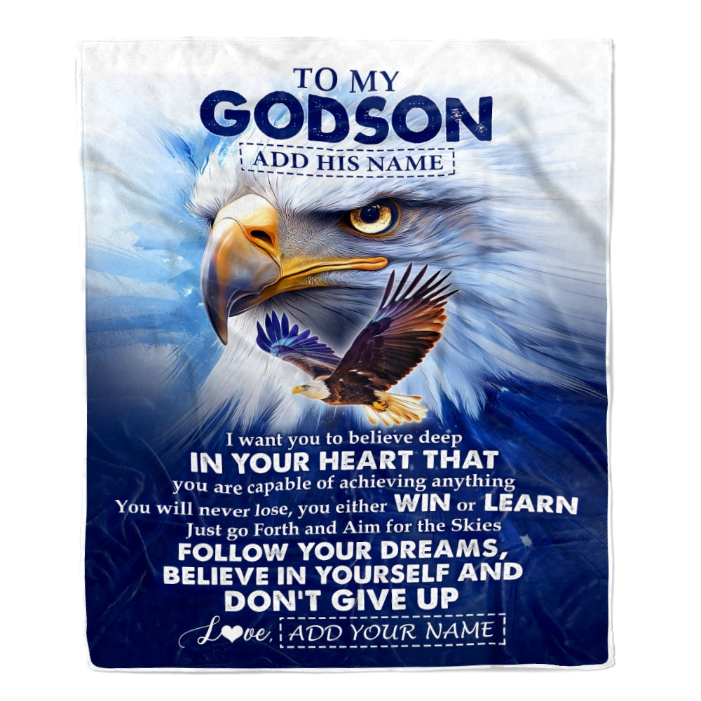 Personalized To My Godson Gifts From Godmother Uncle Blanket Don't Give Up Eagle Gifts For Godson Birthday Graduation Christmas Customized Fleece Blanket | siriusteestore