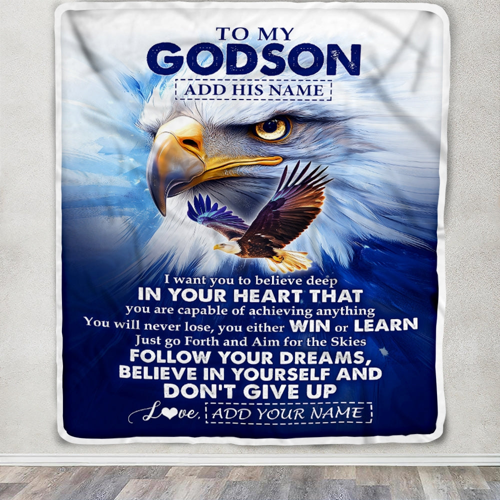 Personalized To My Godson Gifts From Godmother Uncle Blanket Don't Give Up Eagle Gifts For Godson Birthday Graduation Christmas Customized Fleece Blanket | siriusteestore